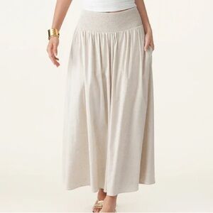 OGL Beige Linen Flow Long Maxi Skirt With Pockets Elastic Waist Lined Effortless